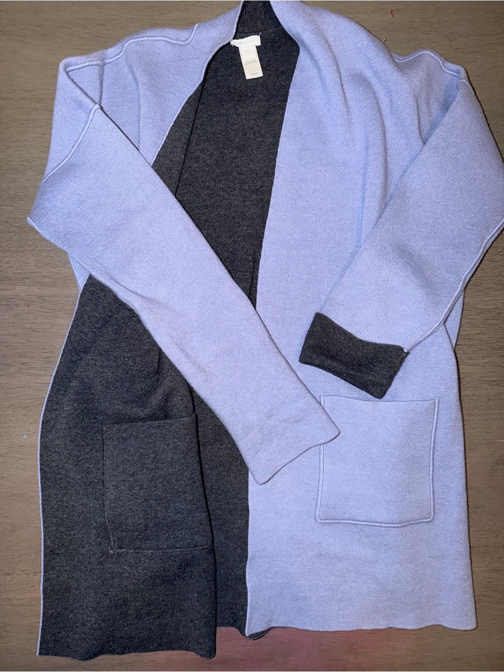 Light Blue and Charcoal Reversible Open-Front  Sweater Cardigan